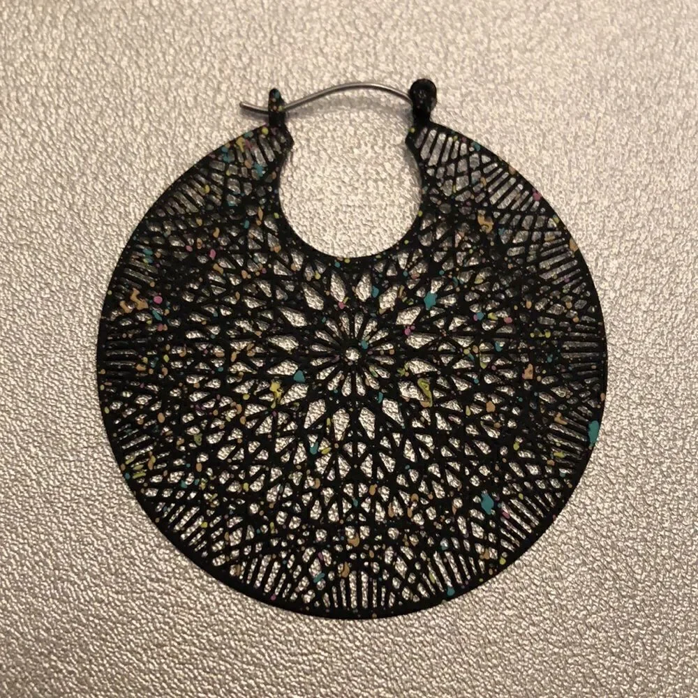 Black Filigree Hoops | Black with Multicolored Flecks | 2” Diameter